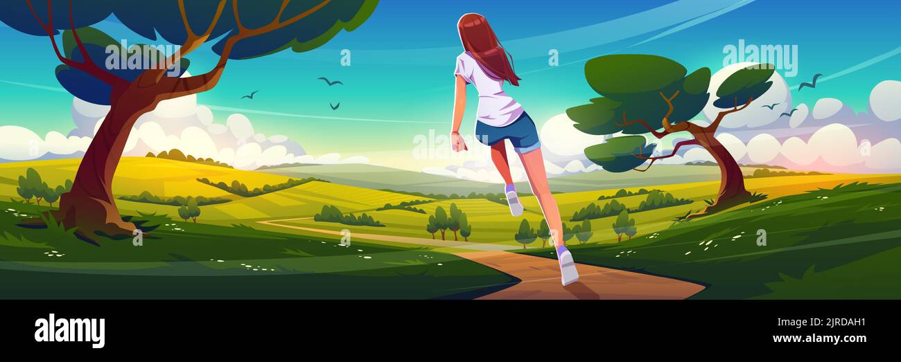 Scène de campagne avec une fille court sur la route. Paysage d'été avec champs agricoles, arbres, herbe verte et fille en cours de course vue arrière, illustration de dessin animé vectoriel Illustration de Vecteur