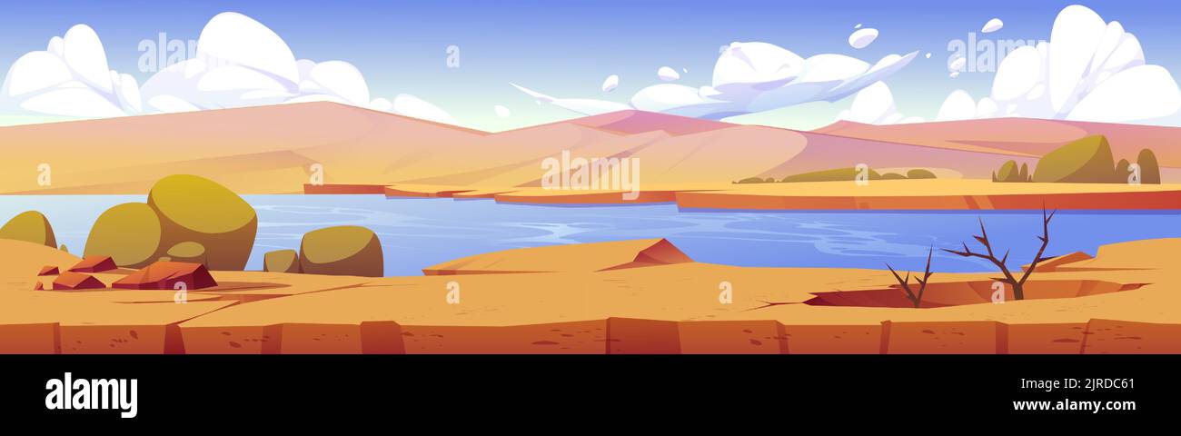 Paysage de niveau de jeu du désert africain avec oasis. Fond de texture de sol avec dunes de sable, rivière ou lac, plantes sèches et buissons verts, illustration de dessin animé vectoriel Illustration de Vecteur