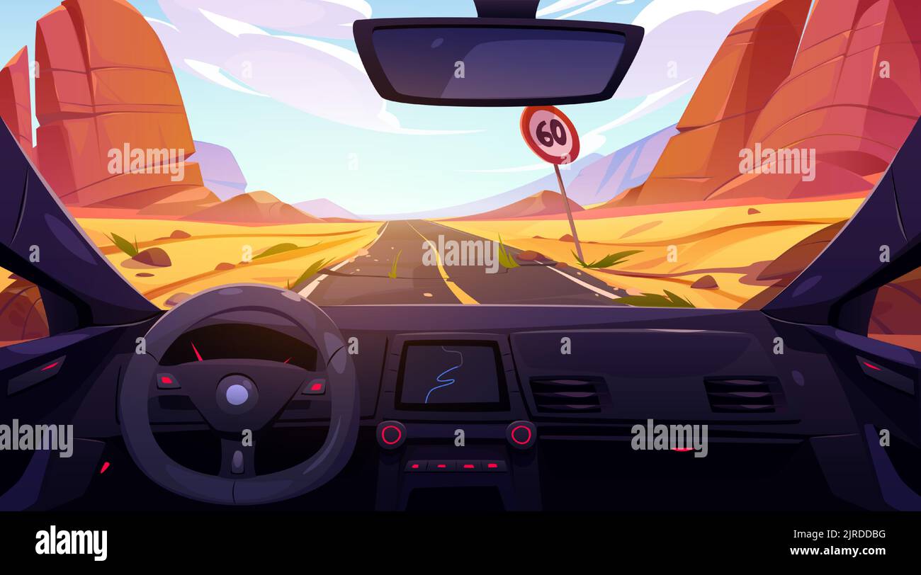 Vue sur la route dans le désert depuis l'intérieur de la voiture jusqu'au pare-brise. Paysage avec des rochers et du sable, autoroute droite avec limitation de vitesse, perspective de chemin asphalté, illustration de vecteur de dessin animé Illustration de Vecteur