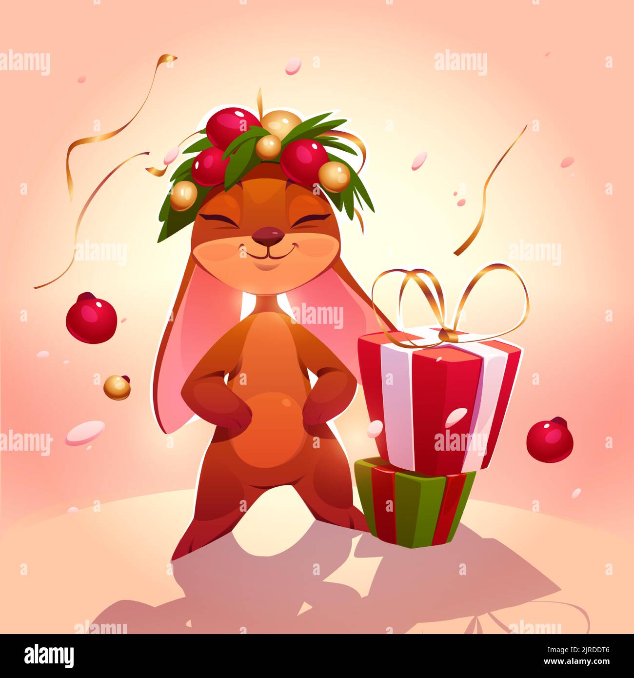 Joli symbole de personnage de dessin animé de lapin du nouvel an 2023. Drôle Noël lapin porter couronne de Noël avec branches d'épicéa et boules décoratives, confettis et boîtes-cadeaux. Vecteur vacances d'hiver personnage Illustration de Vecteur