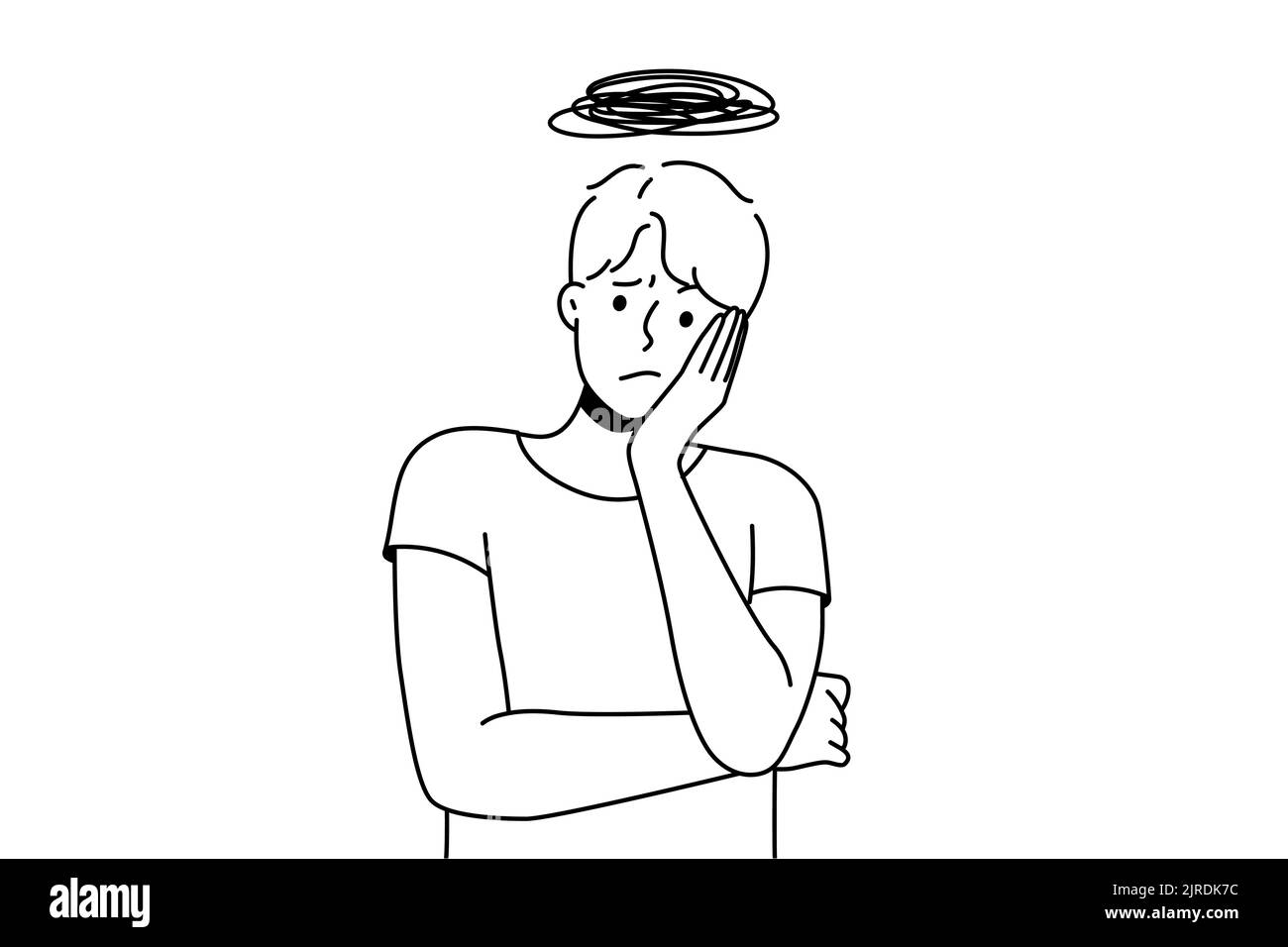 Malheureux jeune homme pensant perdu dans les soucis et la frustration. Un homme stressé surpensant submergé de pensées. Illustration vectorielle. Illustration de Vecteur