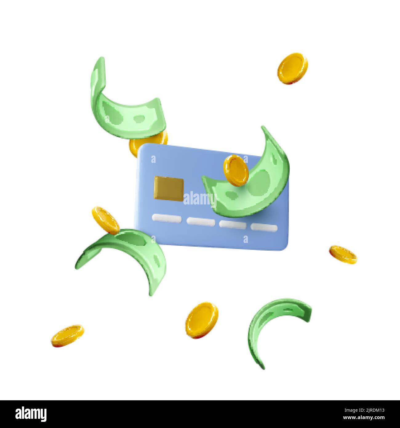 Concept de carte de crédit et d'argent volant. Dollars de papier vert et pièces d'or dans un style de dessin animé réaliste. Échange et réussite commerciale. Illustrateur de vecteur Illustration de Vecteur