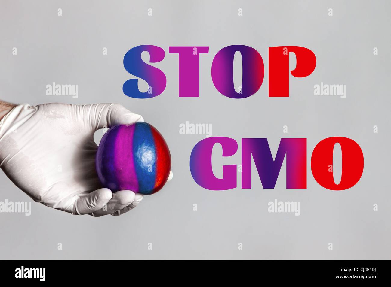 Mains mâles en gants médicaux tenant un fruit de pêche arc-en-ciel. Arrière-plan blanc. Le concept des aliments GM, des légumes et des fruits. Texte STOP GMO. Banque D'Images