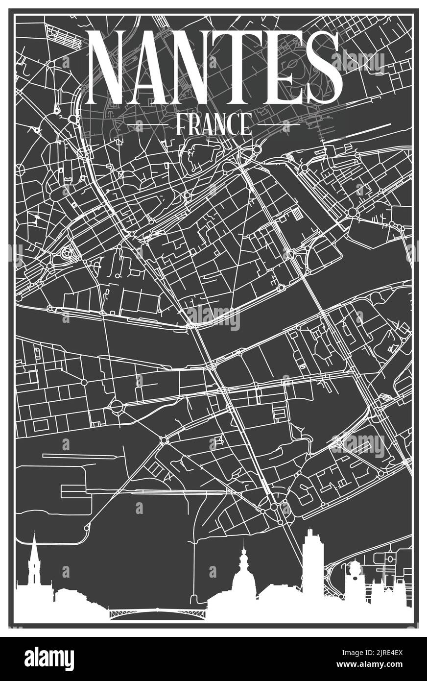 Affiche panoramique de la ville dessinée à la main avec le réseau de rues du centre-ville de NANTES, FRANCE Illustration de Vecteur