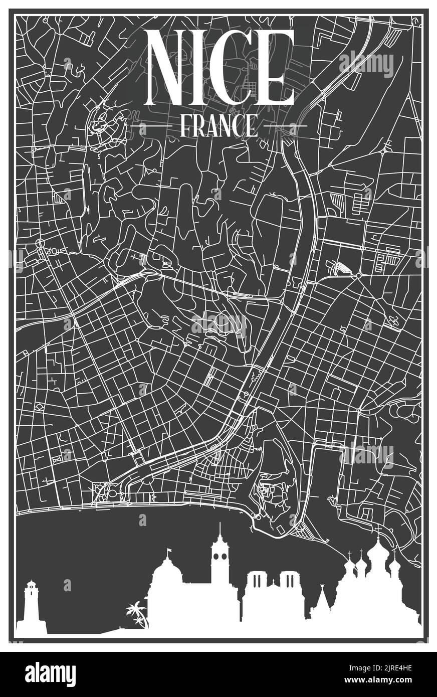Affiche panoramique de la ville dessinée à la main avec le réseau de rues du centre-ville de NICE, FRANCE Illustration de Vecteur