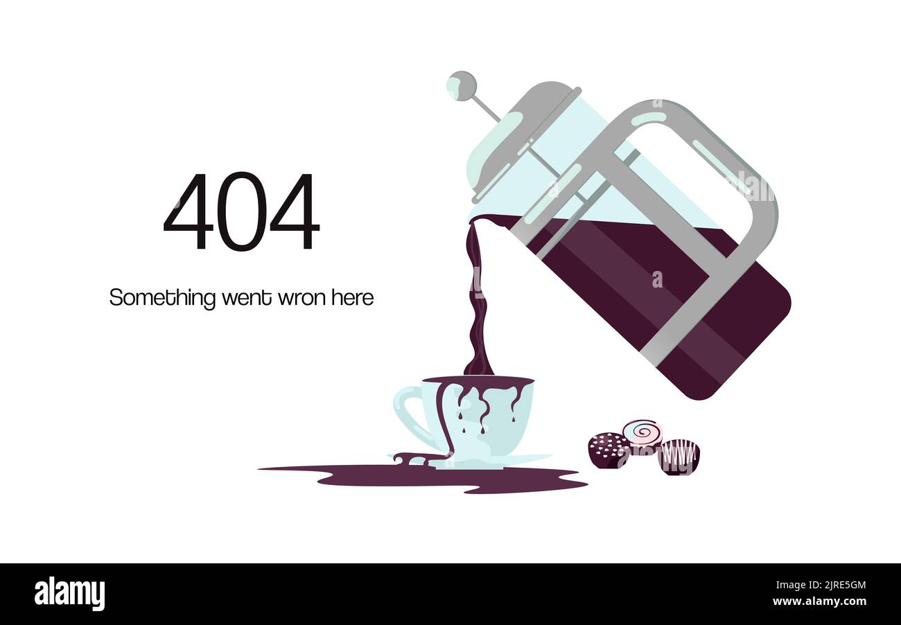 404 erreur non trouvé page web avec cafetière et renversé sur une tasse de café. mise en page 404 isolé pour site web. Illustration de l'art plat Banque D'Images 404 erreur non trouvé page web avec cafetière et renversé sur une tasse de café. mise en page 404 isolé pour site web. Illustration de l'art plat Banque D'Images