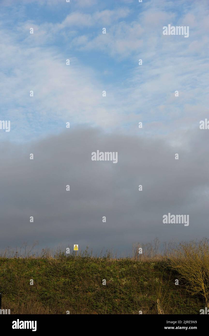 petit panneau de danger jaune simple debout sur une rangée d'herbe haute éclairée dans l'arbre de la lumière du soleil Banque D'Images