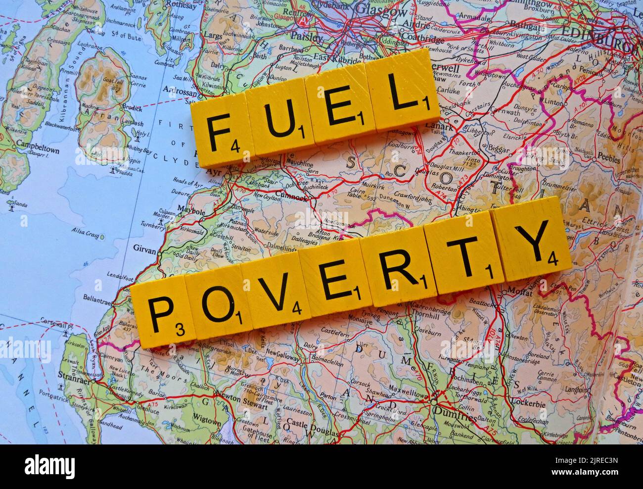 Carte montrant le centre de l'Écosse, avec les mots Fuel Poverty orthographiés. Plus de la moitié des ménages britanniques à travers la Grande-Bretagne choisiront de manger ou de chauffer Banque D'Images