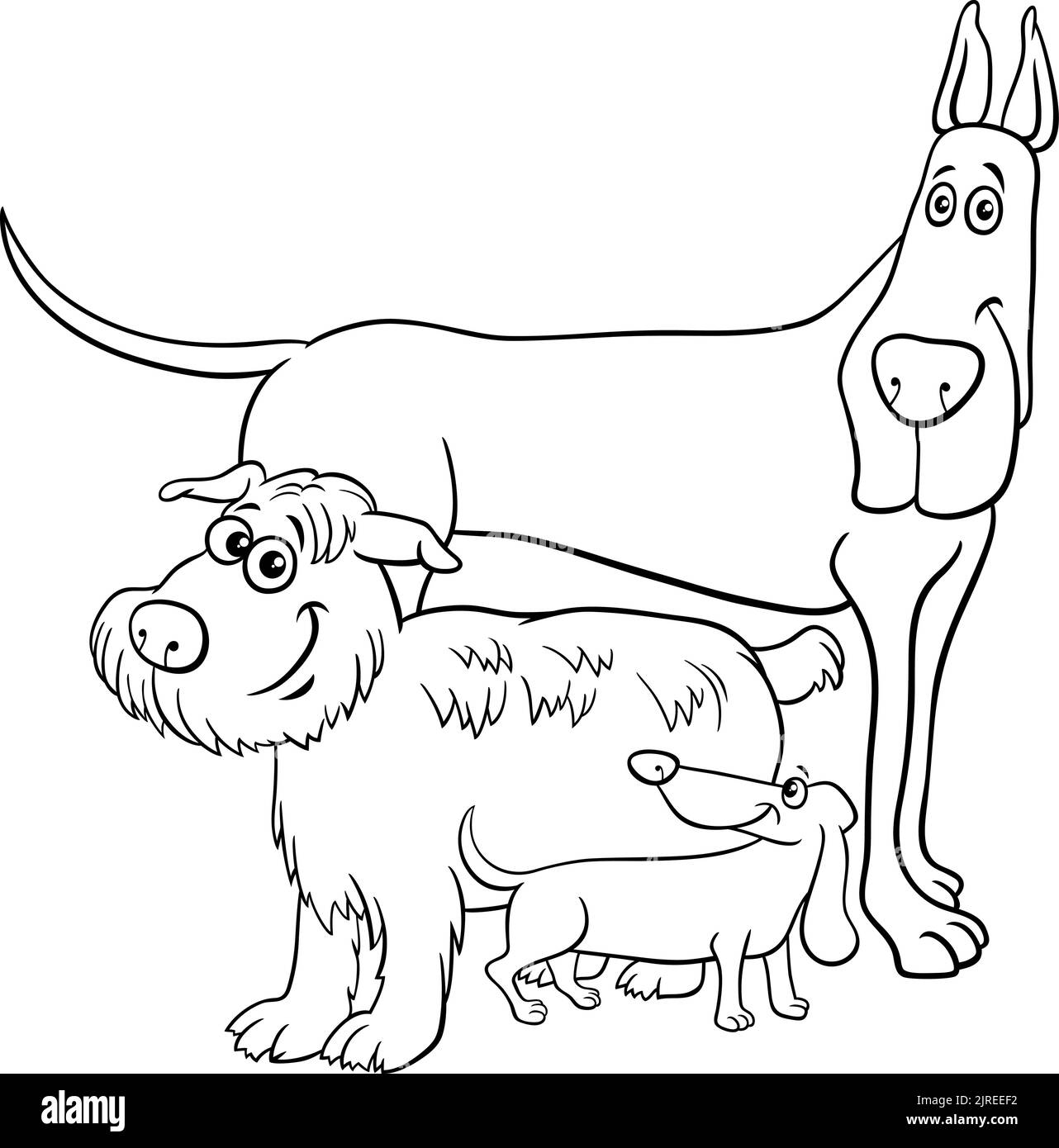 Dessin animé noir et blanc de trois chiens différents caractères animaux page de coloriage Illustration de Vecteur