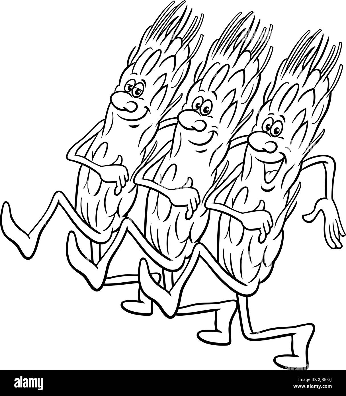 Dessin animé noir et blanc illustration des oreilles drôles de la nourriture de grain bande dessinée caractère marching page de coloriage Illustration de Vecteur