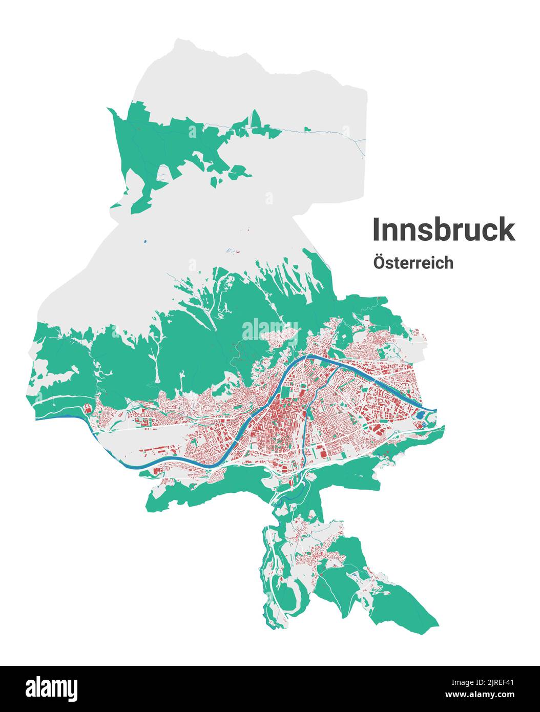 Carte vectorielle d'Innsbruck. Plan détaillé du quartier administratif d'Innsbruck. Panorama urbain. Carte routière avec bâtiments, eau, forêt. Décoration touristique Illustration de Vecteur