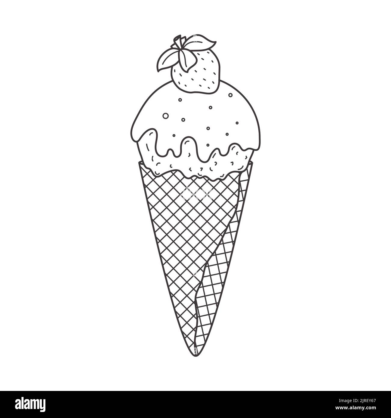 Démouler la glace dans un cornet de gaufres avec glaçage, glaçure et fraise. Mets sucrés d'été. Délicieux dessert congelé. Vecteur linéaire doodle main dessiné blac Illustration de Vecteur