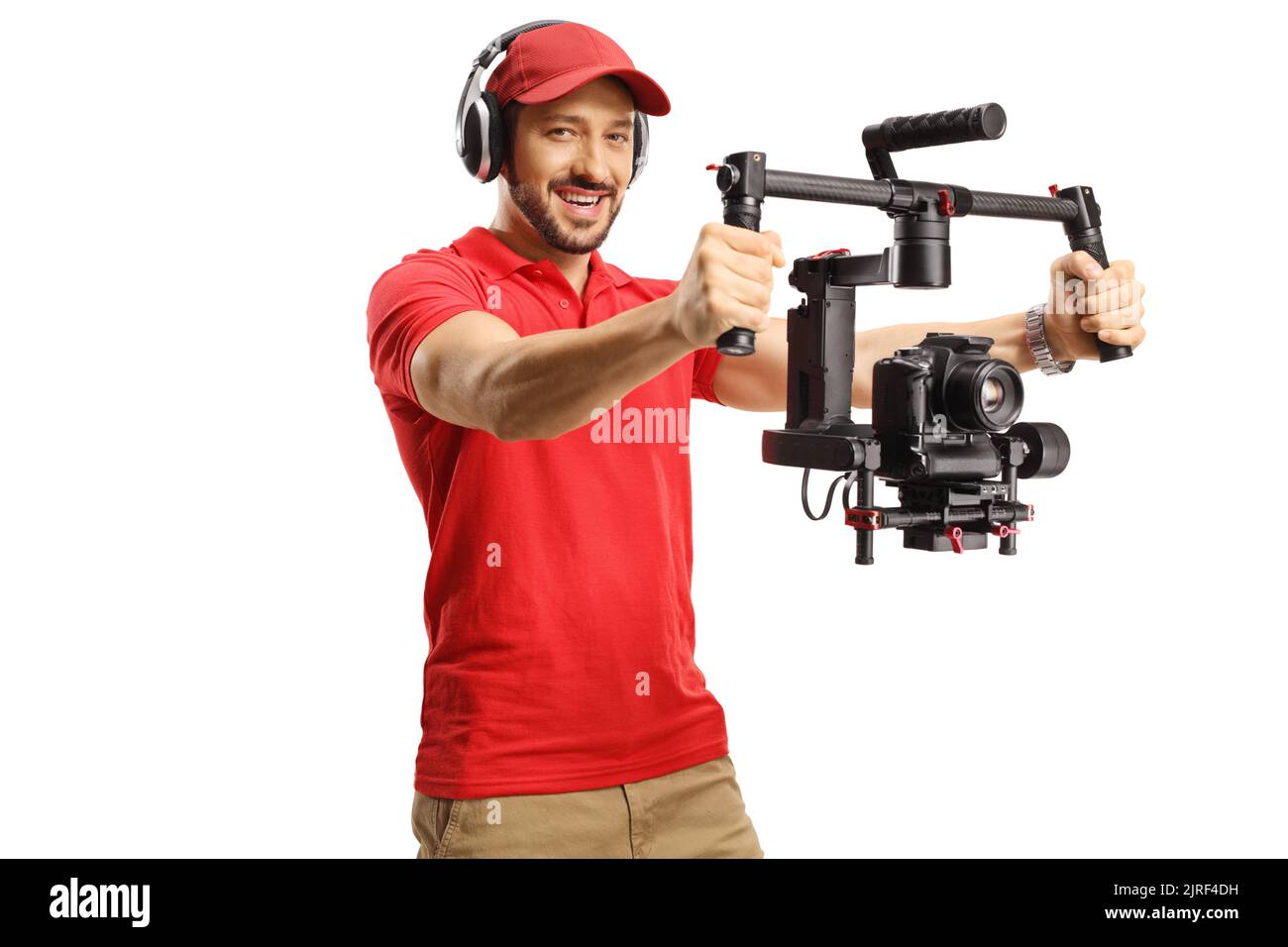 Homme avec casque utilisant un stabilisateur de nacelle de caméra isolé sur fond blanc Banque D'Images