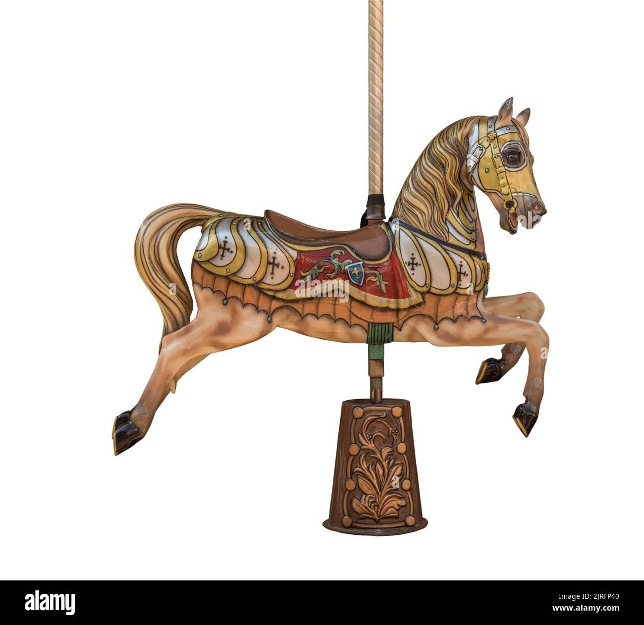 un vieux cheval de carrousel en bois isolé sur fond blanc Banque D'Images