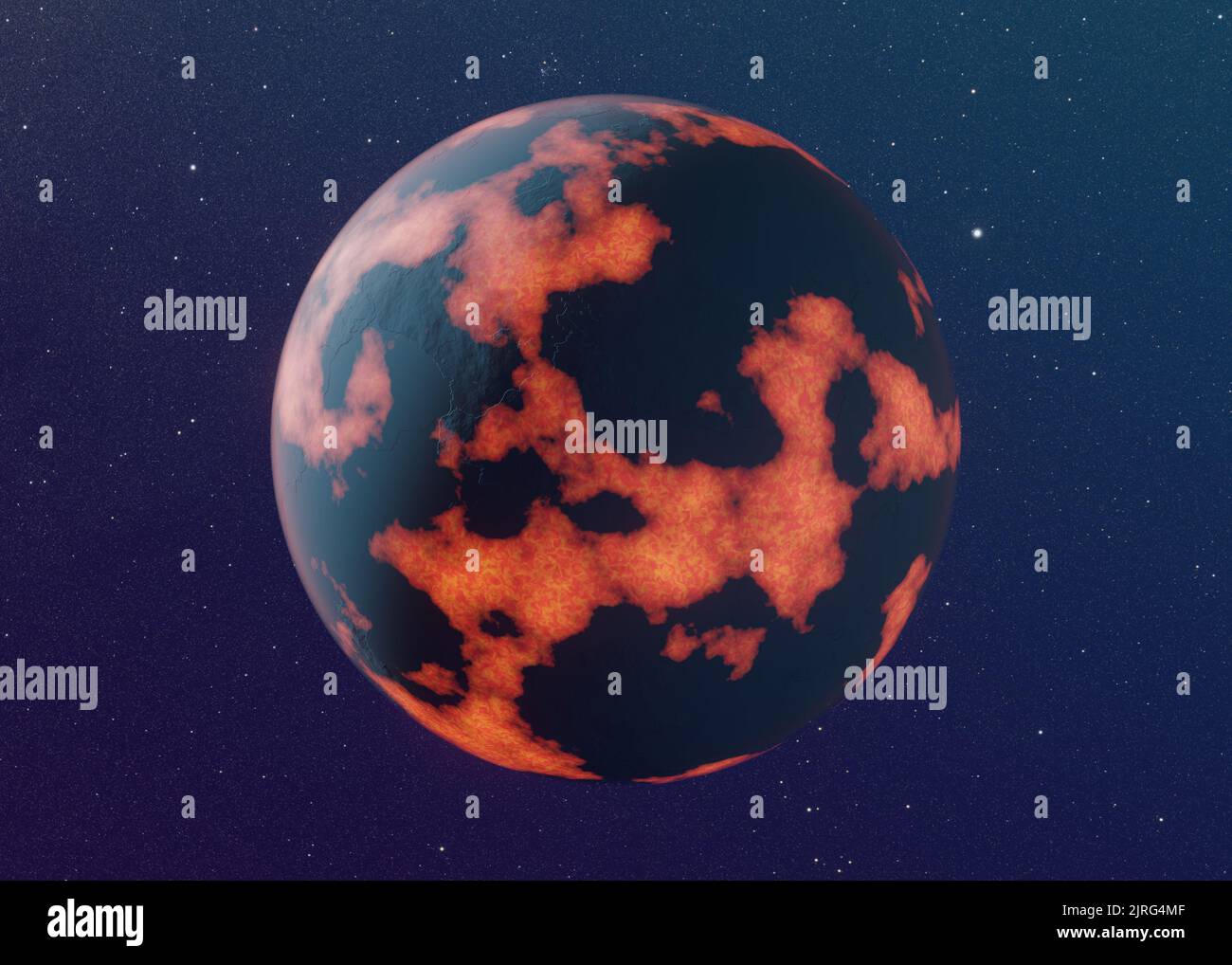 La planète SCI-fi clip art avec des continents en feu sur fond avec ciel de nuit avec étoiles, 3D rendu Banque D'Images