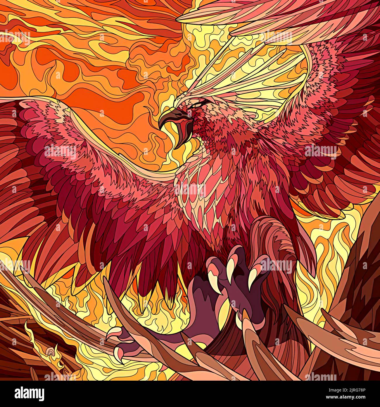 illustration d'un phoenix volant sur fond de feu Banque D'Images