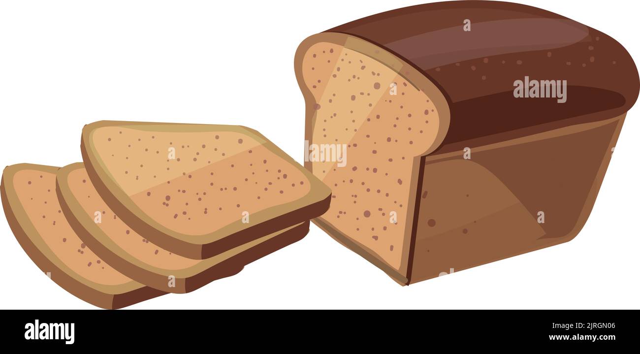 Pain de seigle brun coupée en tranches. Icône de dessin animé de boulangerie fraîche Illustration de Vecteur