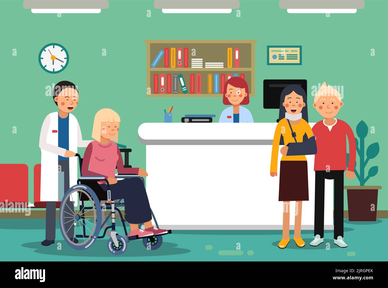 L'intérieur de la réception de l'hôpital avec des patients debout. Clinique médicale à la réception Illustration de Vecteur