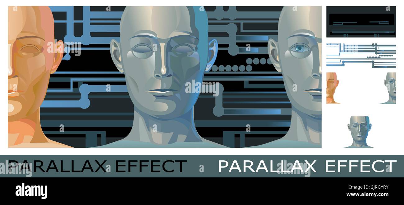 Tête d'intelligence artificielle. Visage de robot en métal humanoïde sans émotion. Clonage création d'un clone de personnes. Illustration fantaisie. Image des calques Illustration de Vecteur