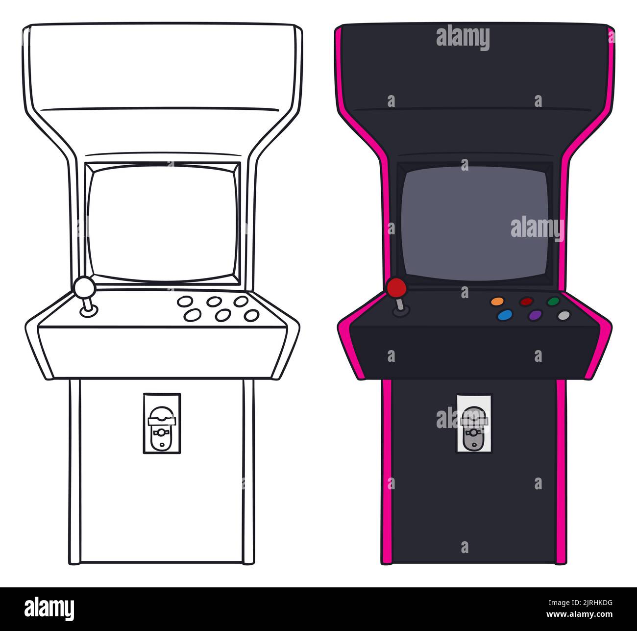 Croquis dans le style de contour et la conception de version complète d'un jeu vidéo d'arcade dans le style plat. Illustration de Vecteur