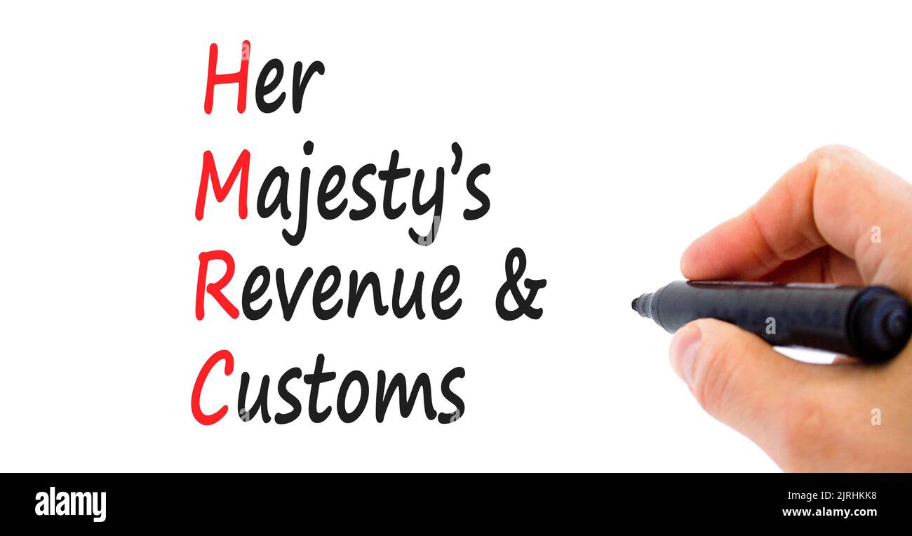 HMRC son symbole de recettes et de douanes majestys. Mots de concept HMRC son majestys revenu et les coutumes sur un beau fond blanc. Chiffre d'affaires HMRC de l'entreprise Banque D'Images