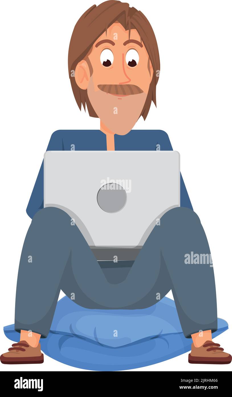 Homme travaillant sur un ordinateur portable et assis sur un oreiller. Dessin animé joyeux gars avec gadget Illustration de Vecteur