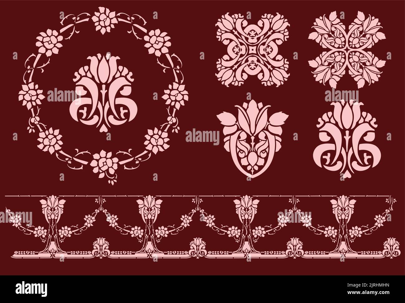 Un ensemble de vintage vecteur décoratif rose stencil icônes et bordures. Illustration de Vecteur