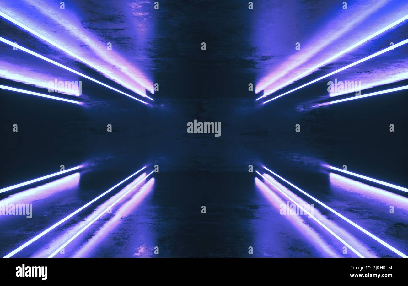 Salle futuriste en béton de science-fiction avec néon lumineux. Portail de réalité virtuelle, jeux vidéo informatiques, couleurs vives, source d'énergie laser. Lumières néon bleues Banque D'Images