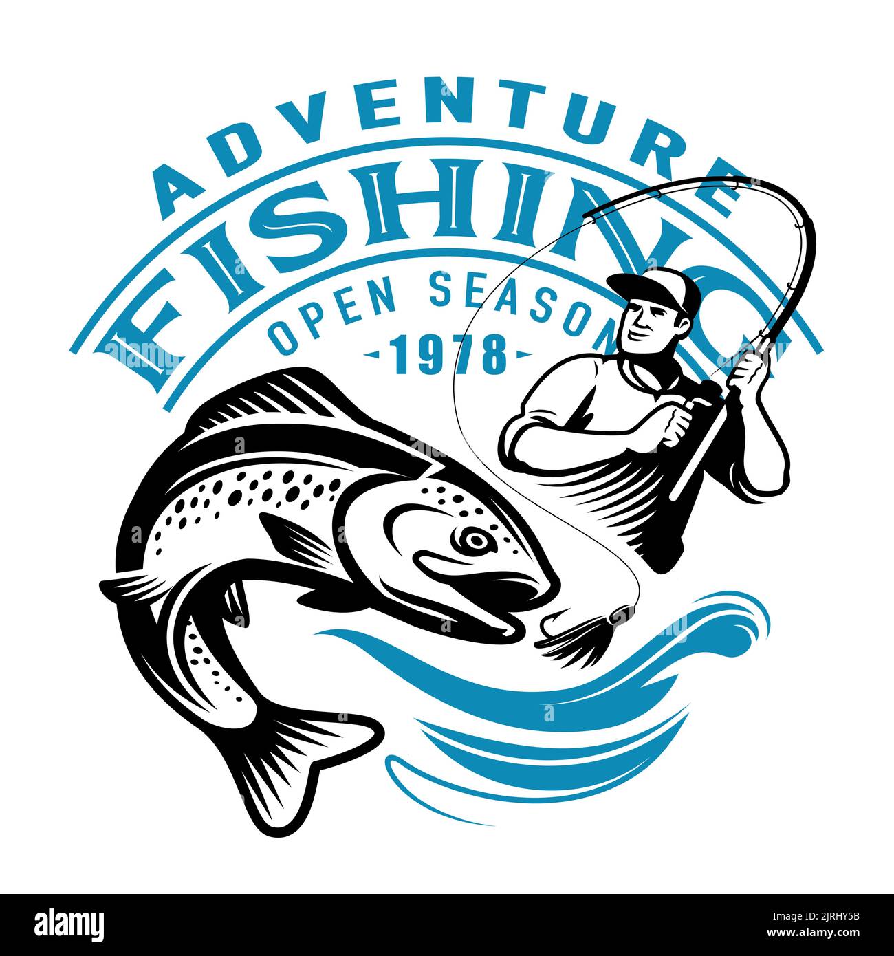Le pêcheur en voyage de pêche attrape de gros poissons sur la tige de rotation. Pêche sportive, emblème des activités de plein air Illustration de Vecteur