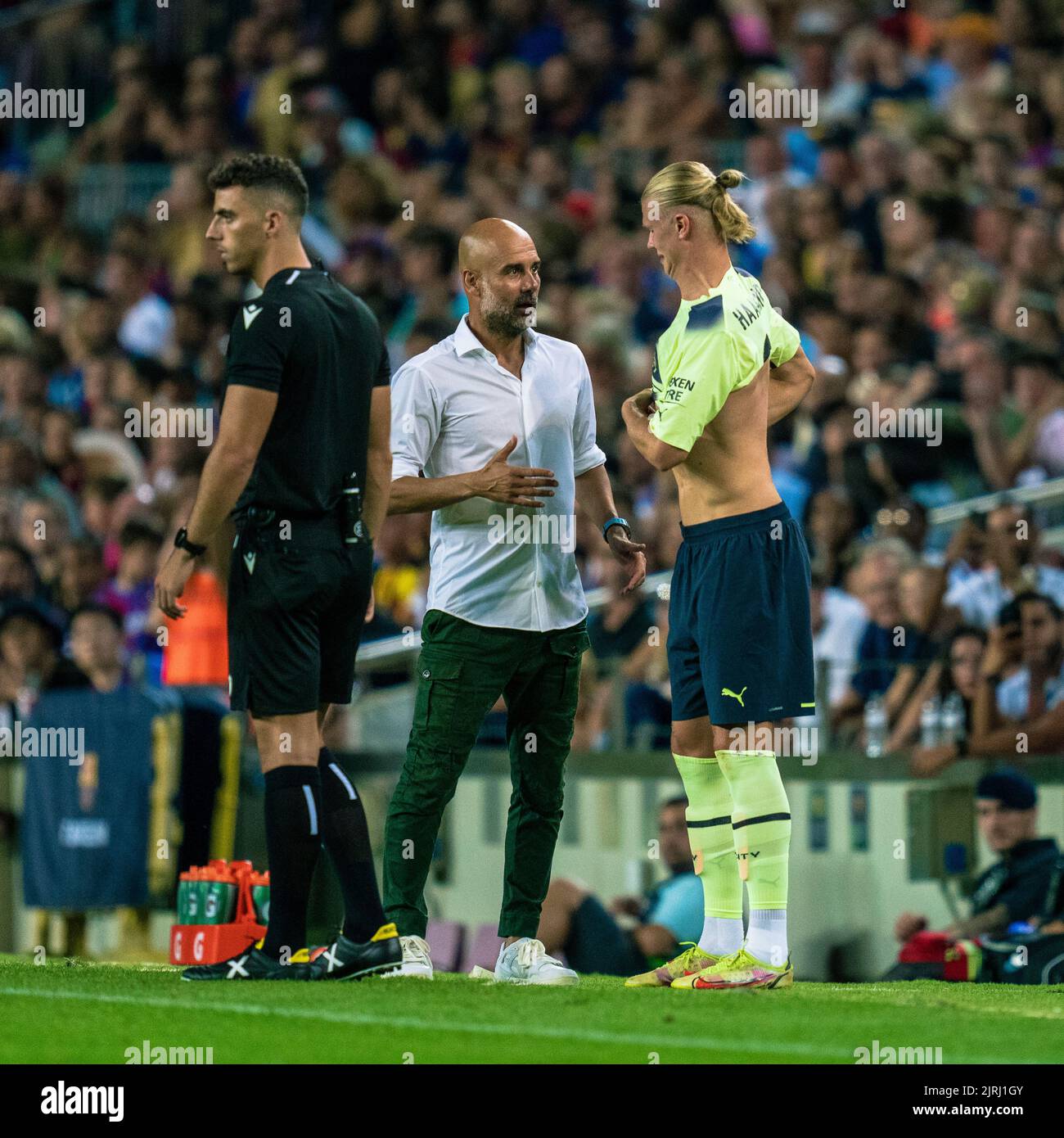 Barcelone, Espagne, 24, août 2022. Espagne-football- match amical pour le bénéfice de la recherche ALS entre le FC Barcelone et Manchester City. PEP Guardiola (entraîneur-chef) et (09) Erling Haaland, crédit: JG/Alay Live News Banque D'Images