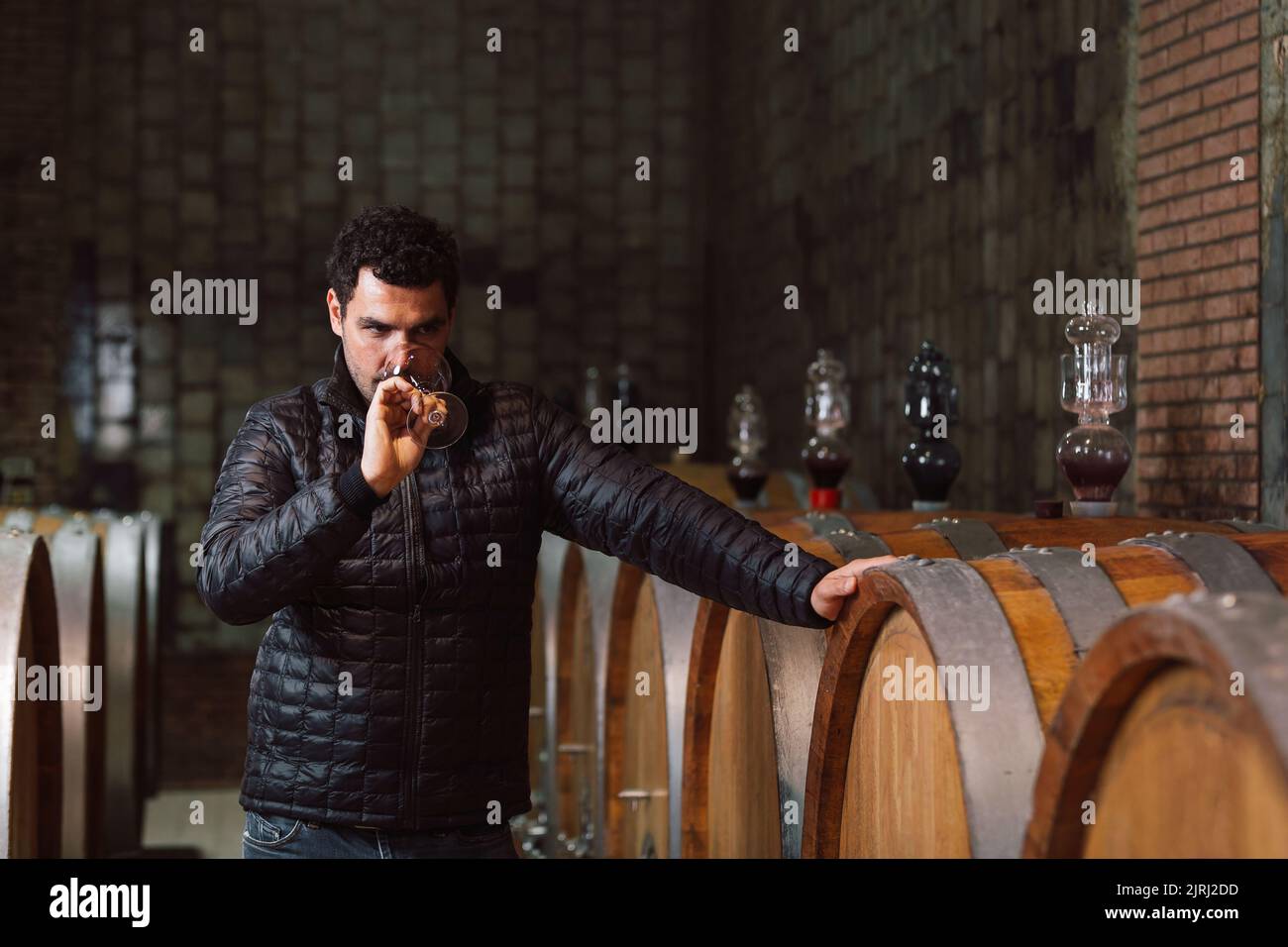 Homme qui goûte du vin rouge dans une cave à vin, tient un verre de vin, le tourbillonnant, l'odorant, et le sirotant du vin, ravie avec goût et saveur de vin. Banque D'Images