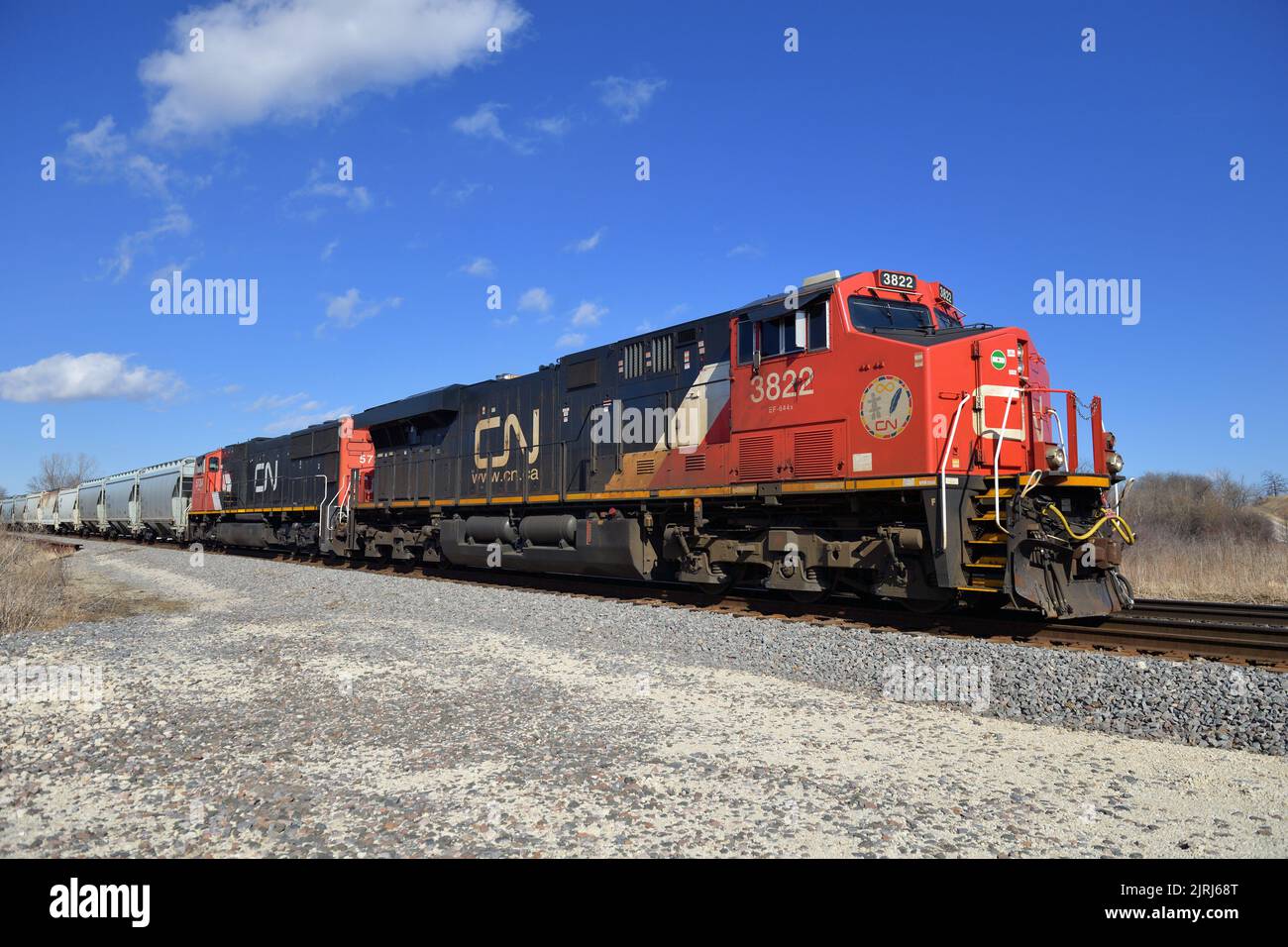 Hoffman Estates, Illinois, États-Unis. Locomotives du chemin de fer national canadien en tête d'une garde de train de marchandises sur la voie d'évitement de passage. Banque D'Images
