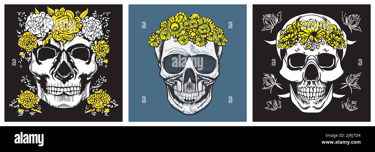 Collection de crânes avec fleurs de fond. Art. Lignes minimalistes Illustration de Vecteur