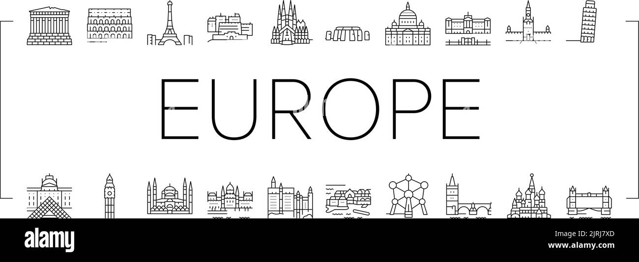 Europe Monument Construction Icons Set Vector Illustration de Vecteur