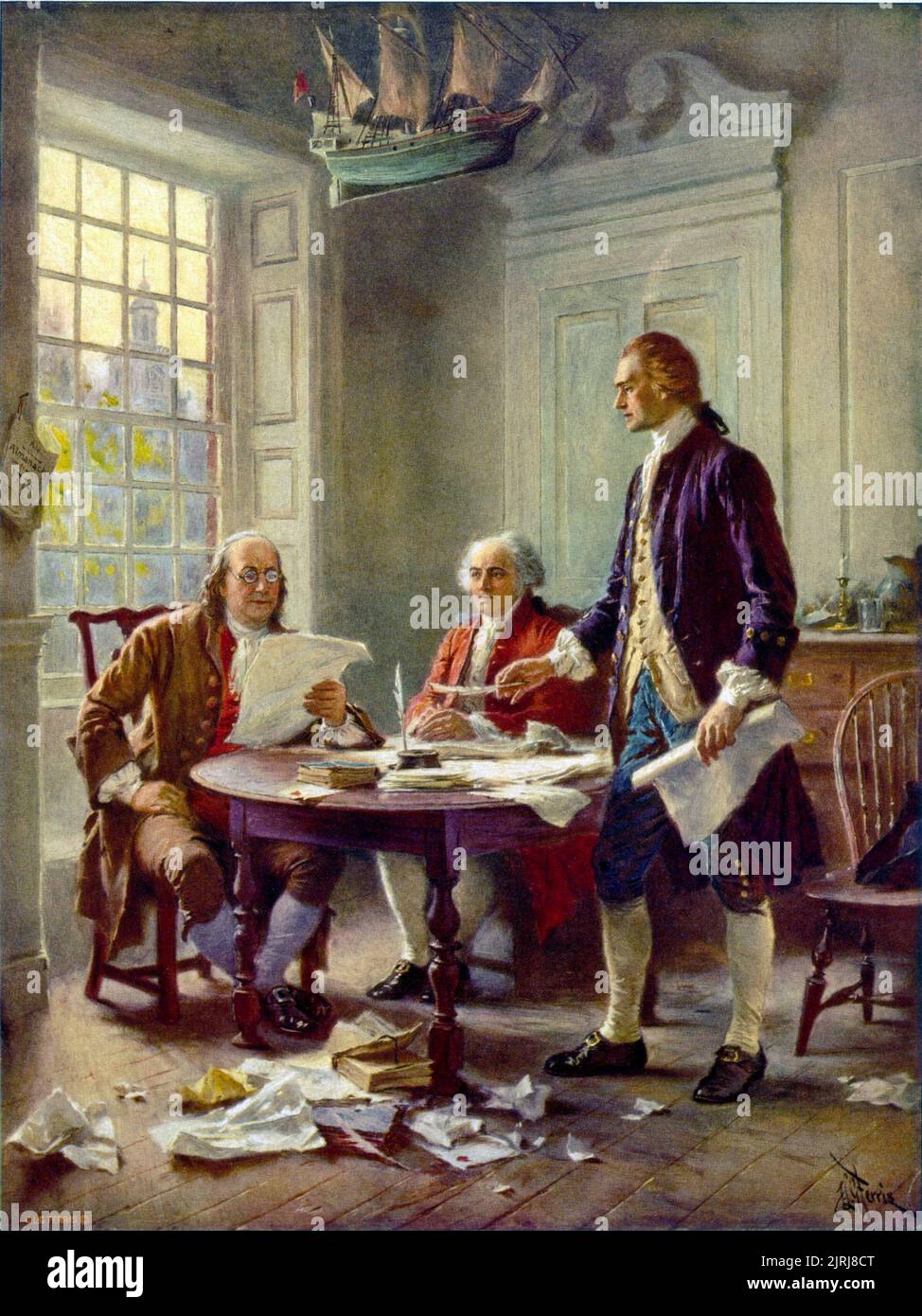 Rédaction de la Déclaration d'indépendance, peinte par Jean Leon Gerome Ferris. Le tableau montre (de gauche à droite) Benjamin Franklin, John Adams et Thomas Jefferson du Comité des cinq qui travaille sur la Déclaration. Banque D'Images