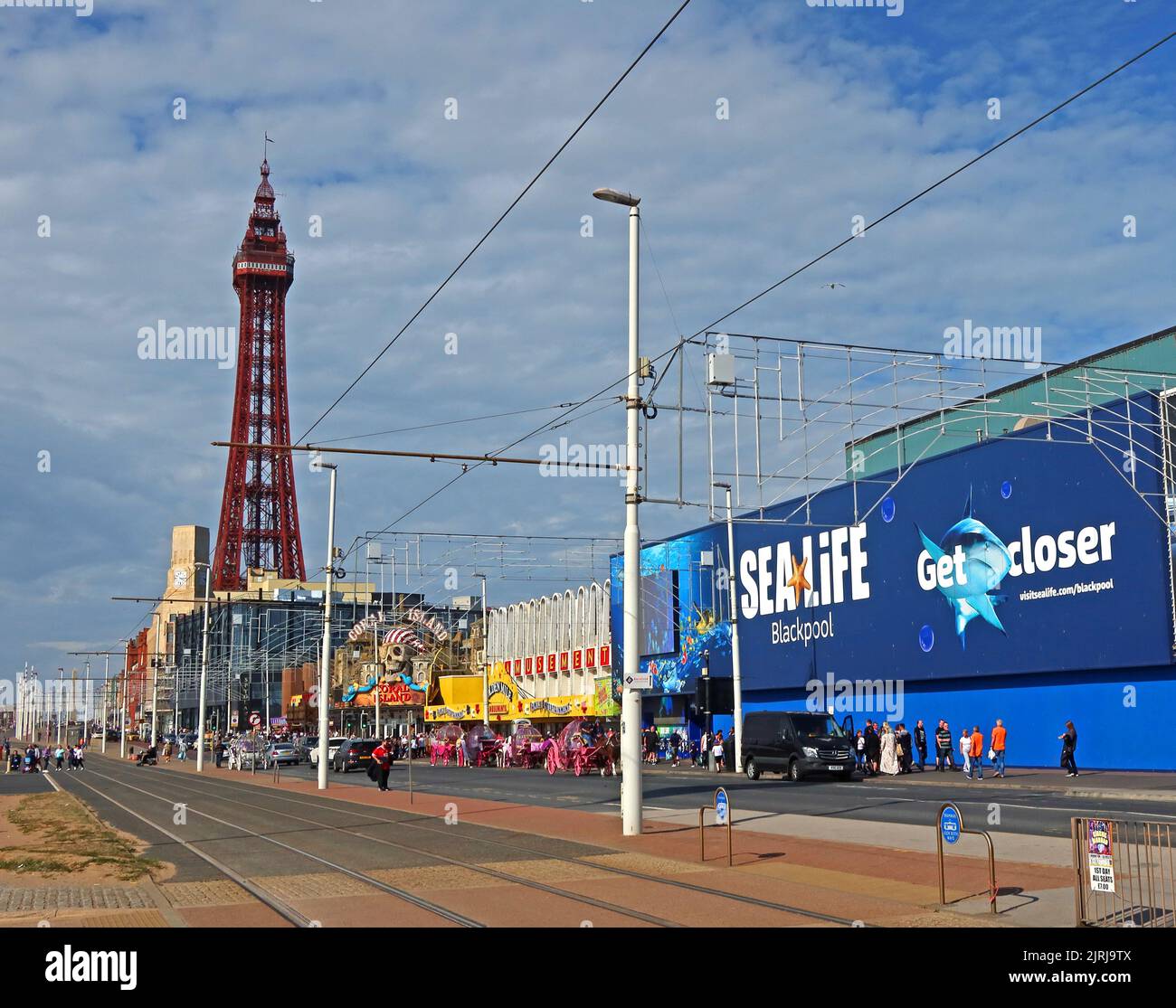Blackpool Sealife centre sur la promenade centrale avec tour en arrière-plan, été à Lancashire, Angleterre, Royaume-Uni, FY1 Banque D'Images