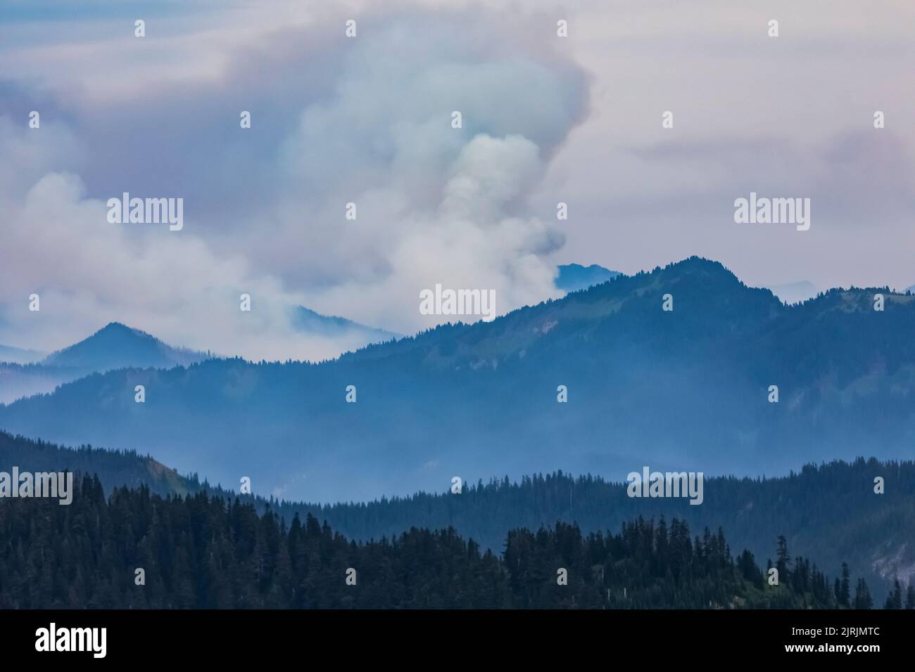 Fumée qui s'élève des feux d'Irving Peak et de White River (2022) vue depuis Evergreen Mountain Lookout, Cascade Range, Mt. Les Fores nationales Baker-Snoqualmie Banque D'Images