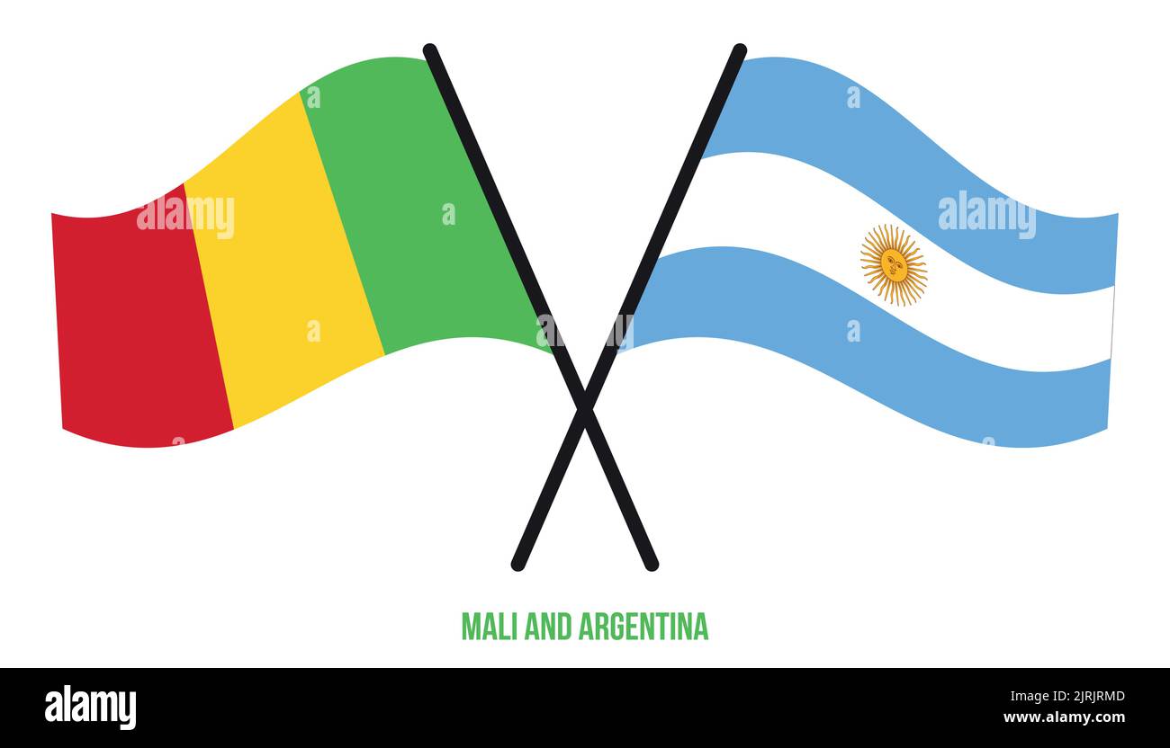 Mali et Argentine drapeaux croisés et ondulant le style plat. Proportion officielle. Corriger les couleurs. Illustration de Vecteur