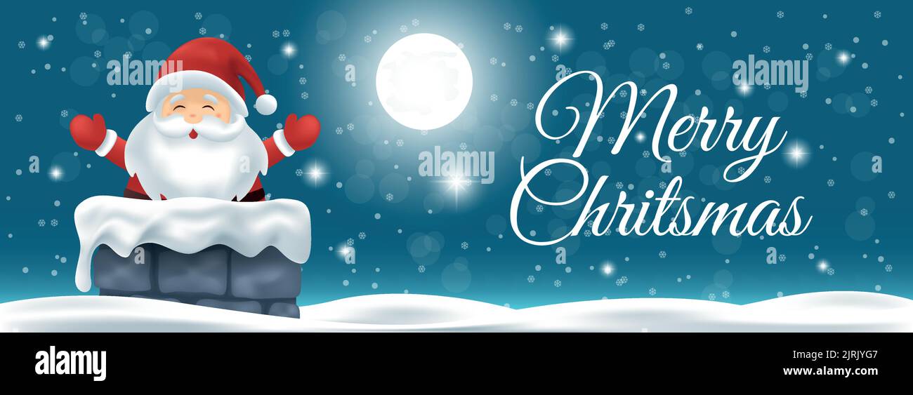 Joyeux noël fond avec le père noël sortir d'une cheminée en pleine nuit de lune avec de la neige et des étoiles. 3D bannière de Noël Illustration de Vecteur