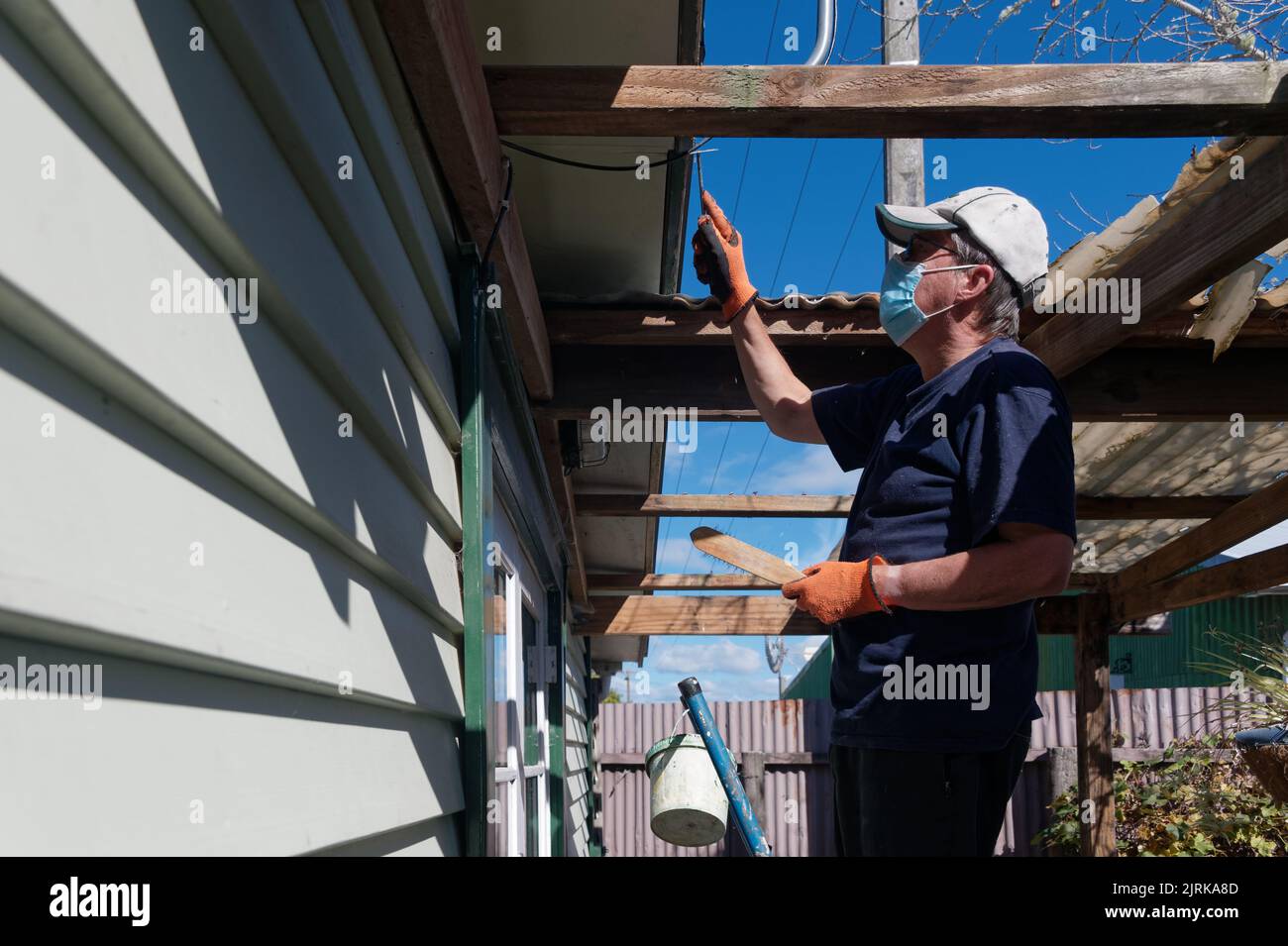 Préparation de peinture, un homme adulte est en haut d'une échelle raclant la peinture lâche d'un bargeboard sur une maison de panneau d'intempéries Banque D'Images