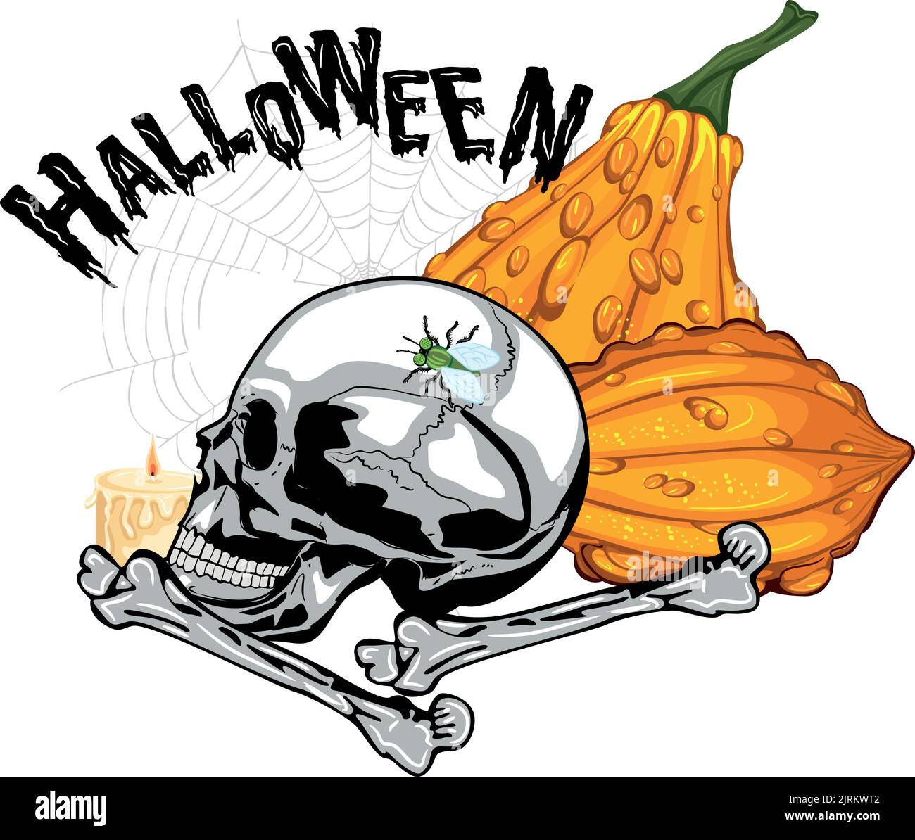 composition d'halloween avec crâne citrouilles bougie toile d'araignée effrayante Illustration de Vecteur
