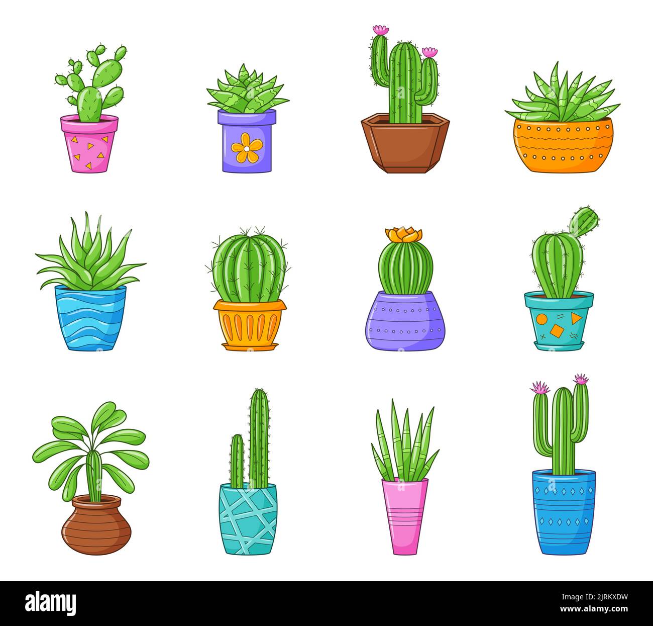 Ensemble de cactus et de succulents dessins animés amusants. Collection avec différents types de cactus et plantes d'origine. Illustrations vectorielles couleur isolées sur bac blanc Illustration de Vecteur