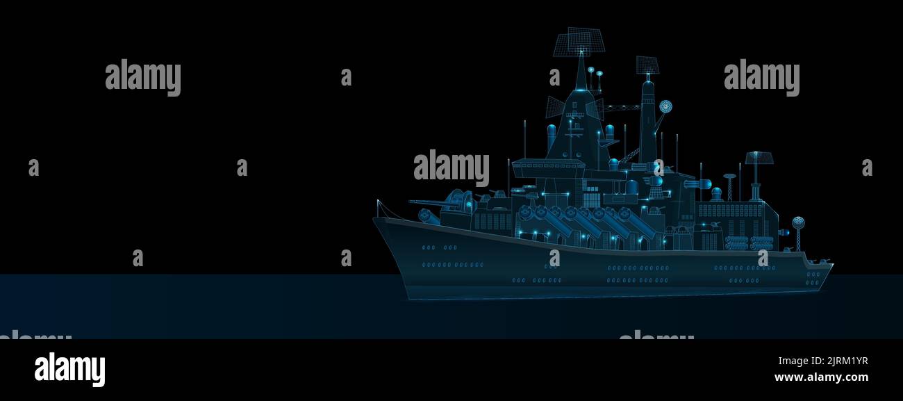 Illustration du vecteur d'un navire de guerre moderne. Croiseur de missiles guidé avec de grands canons, des têtes nucléaires et des radars. Vaisseau de combat filaire détaillé. Illustration de Vecteur