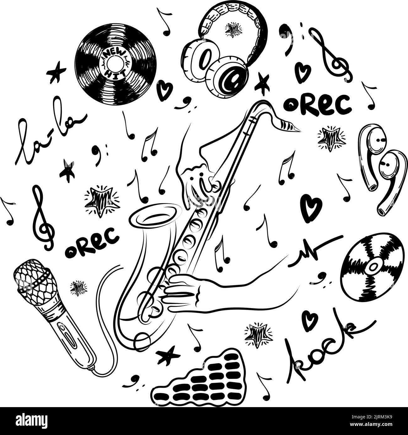 Un concept de jeu de saxophone inspiré dessiné à la main. Nouveau résultat. Microphone. Mains. Clé pour violon et notes volantes. Musique. Inspiration. Mains sur sax. Isoler Illustration de Vecteur