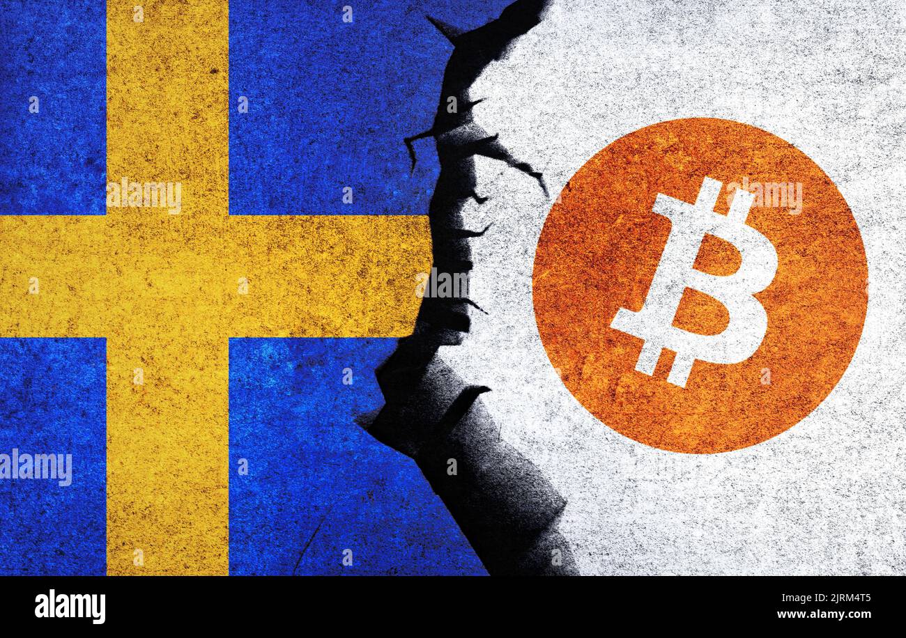 Le Bitcoin et la Suède drapeau sur un mur avec une fissure. Suède Bitcoin  interdit, pas légal, pile, illégal, technologie blockchain pour le concept  de monnaie crypto Photo Stock - Alamy