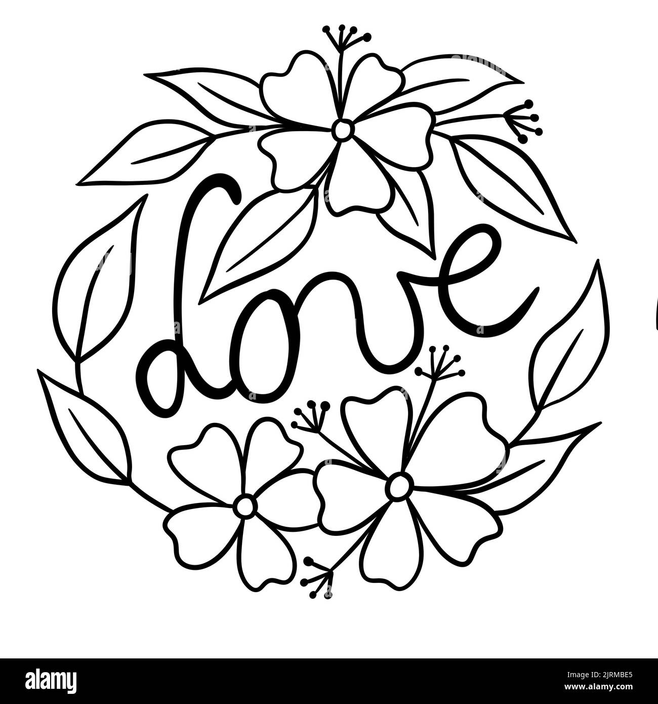 Illustration de cercle rond avec mot d'amour de fleurs. Motif floral noir pour les cartes de Saint-Valentin avec feuilles fleuries, imprimé simple minimaliste Banque D'Images