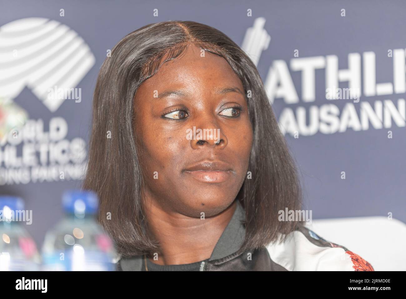 Lausanne, Suisse. 08th mai 2022. Shericka Jackson (JAM), 100m ans, a expliqué sa préparation à la réunion lors de la conférence de presse de la Ligue des diamants du Grand-Prix Athletissima Wanda à Lausanne 2022. La conférence de presse du Grand-Prix Athletissima Wanda Diamond League à Lausanne en 2022 s'est tenue à Lausanne, capitale olympique du célèbre Carlton Lausanne Hotel. (Photo par: Eric Dubost/Sipa USA) crédit: SIPA USA/Alay Live News Banque D'Images