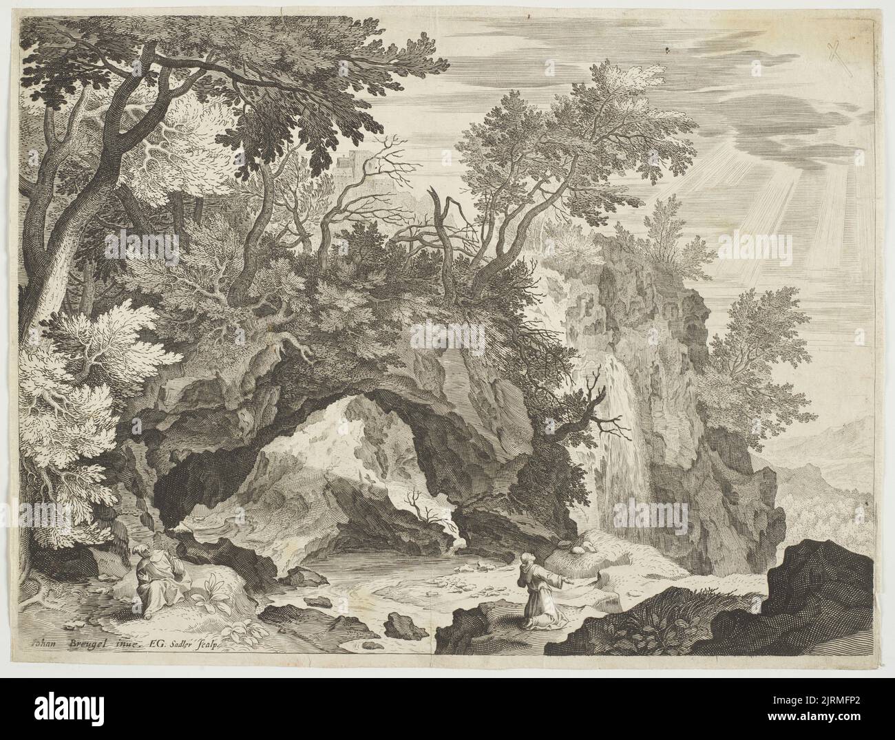 Paysage rocailleux avec la stigmatisation de Saint François, vers 1595, par Aegidius Sadeler II, Jan Brueghel. Banque D'Images