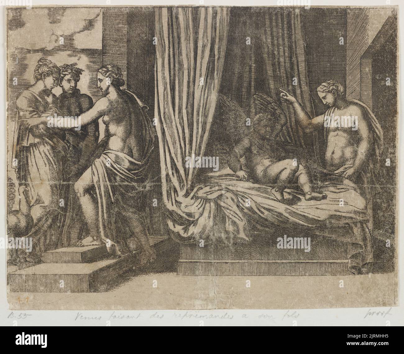 Cupidon de Vénus. Planche 17 de: L'histoire de Cupid et psyché, 1530-1560, par Maître de la mort, Michiel Coxie. Banque D'Images