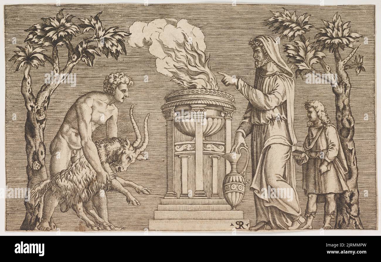 Sacrifice d'un bélier [copie inversée], par Marco Dente, Marcantonio Raimondi. Banque D'Images